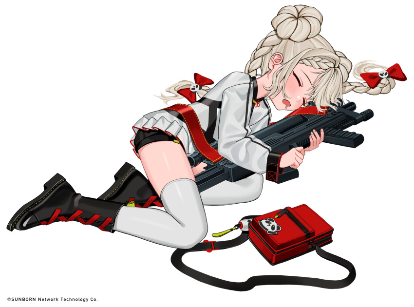 1girl assault_rifle bag_removed black_footwear black_shorts blush boots bow braid cf05_(girls'_frontline) closed_eyes double_bun doughnut_hair_bun girls_frontline grey_shirt gun hair_bow hair_spread_out holding holding_gun holding_weapon long_sleeves luicent lying mouth_drool object_hug official_art on_side parted_lips red_bow rifle shirt shorts simple_background sleeping solo thigh-highs twin_braids weapon white_background white_legwear