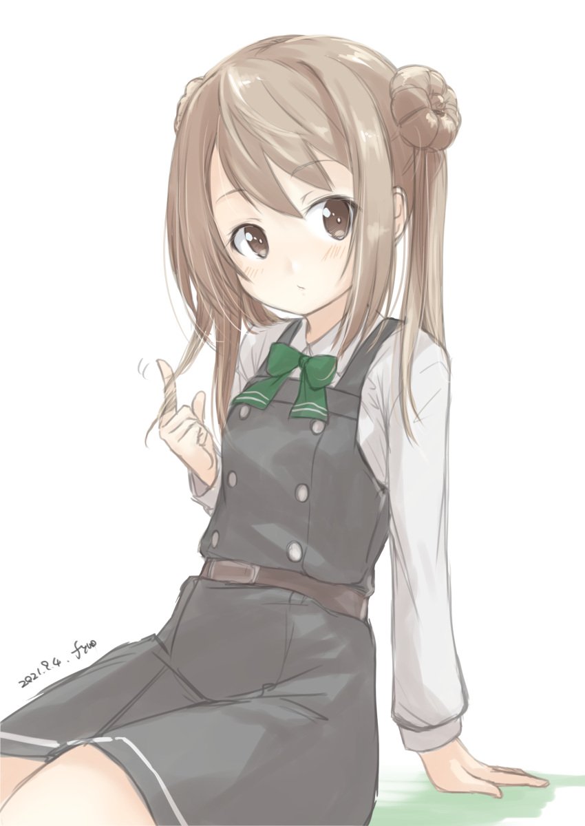 1girl absurdres bow bowtie cowboy_shot double_bun dress fyuo green_neckwear highres kantai_collection light_brown_hair long_hair long_sleeves looking_at_viewer michishio_(kancolle) one-hour_drawing_challenge pinafore_dress remodel_(kantai_collection) shirt short_twintails simple_background sitting solo twintails white_background white_shirt yellow_eyes