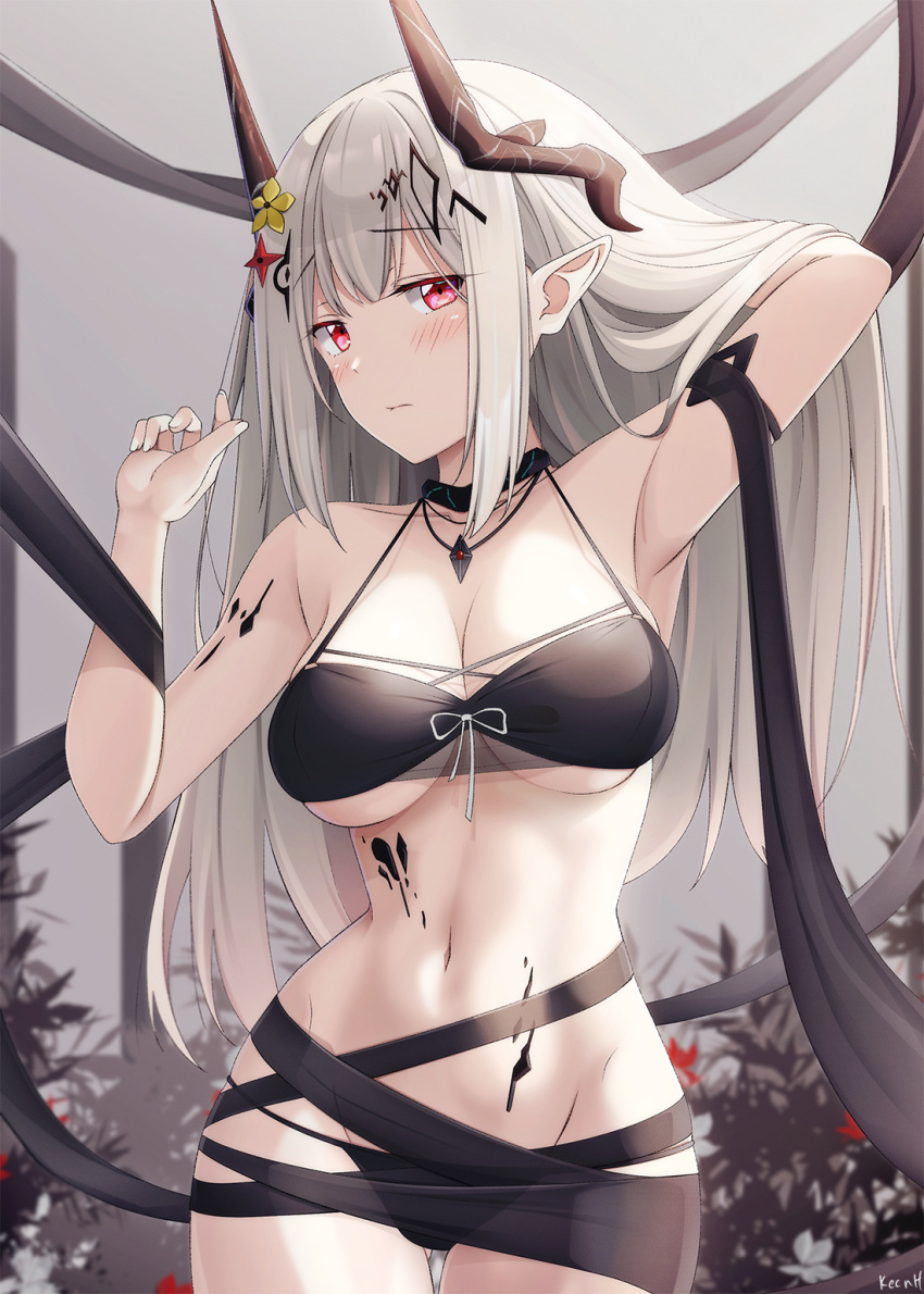 1girl arknights armpits artist_name ass_visible_through_thighs bangs bikini black_bikini blush breasts closed_mouth cowboy_shot demon_horns eyebrows_visible_through_hair hand_in_hair hands_up highres horns infection_monitor_(arknights) jewelry keenh long_hair looking_at_viewer medium_breasts mudrock_(arknights) mudrock_(silent_night)_(arknights) navel necklace pointy_ears red_eyes solo strap_gap swimsuit thigh_gap white_hair