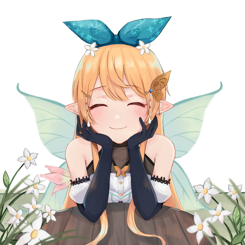 1girl bare_shoulders black_gloves blonde_hair blue_bow blush bow bow_hairband closed_eyes closed_mouth commentary detached_sleeves elbow_gloves english_commentary facing_viewer fairy fairy_wings flower gloves hair_bow hair_flower hair_ornament hairband hairclip highres long_hair nao_(iem_low) nijisanji nijisanji_en pointy_ears pomu_rainpuff pov_across_table puffy_detached_sleeves puffy_short_sleeves puffy_sleeves short_sleeves simple_background smile solo table upper_body white_background white_flower wings