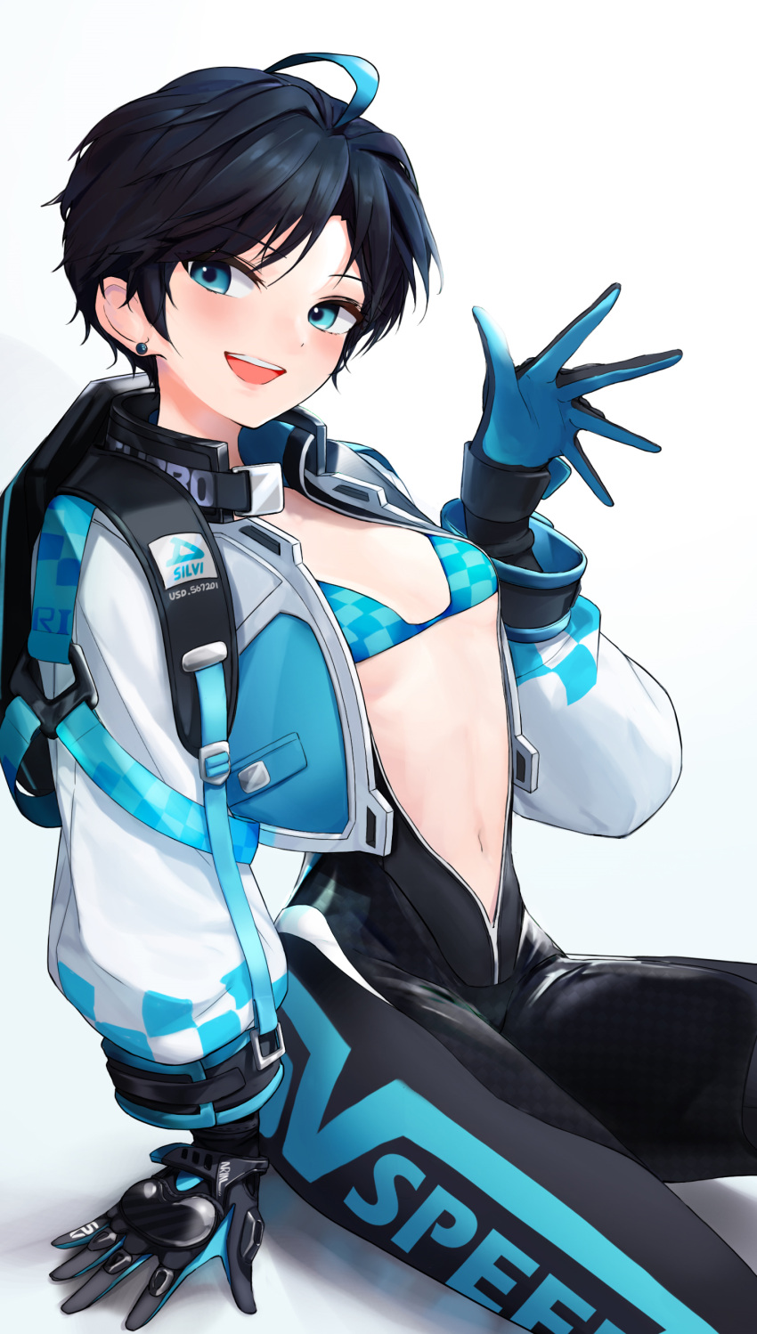 1girl absurdres ahoge backpack bag bangs bikini black_gloves black_hair black_survival blue_bikini blue_eyes blue_hair blush bodysuit breasts checkered checkered_bikini earrings full-length_zipper gloves highres jewelry looking_at_viewer multicolored_hair navel open_bodysuit open_mouth parted_bangs short_hair silvia_piquet simple_background sitting small_breasts smile solo stomach streaked_hair stud_earrings swimsuit takealook unzipped waving white_background zipper