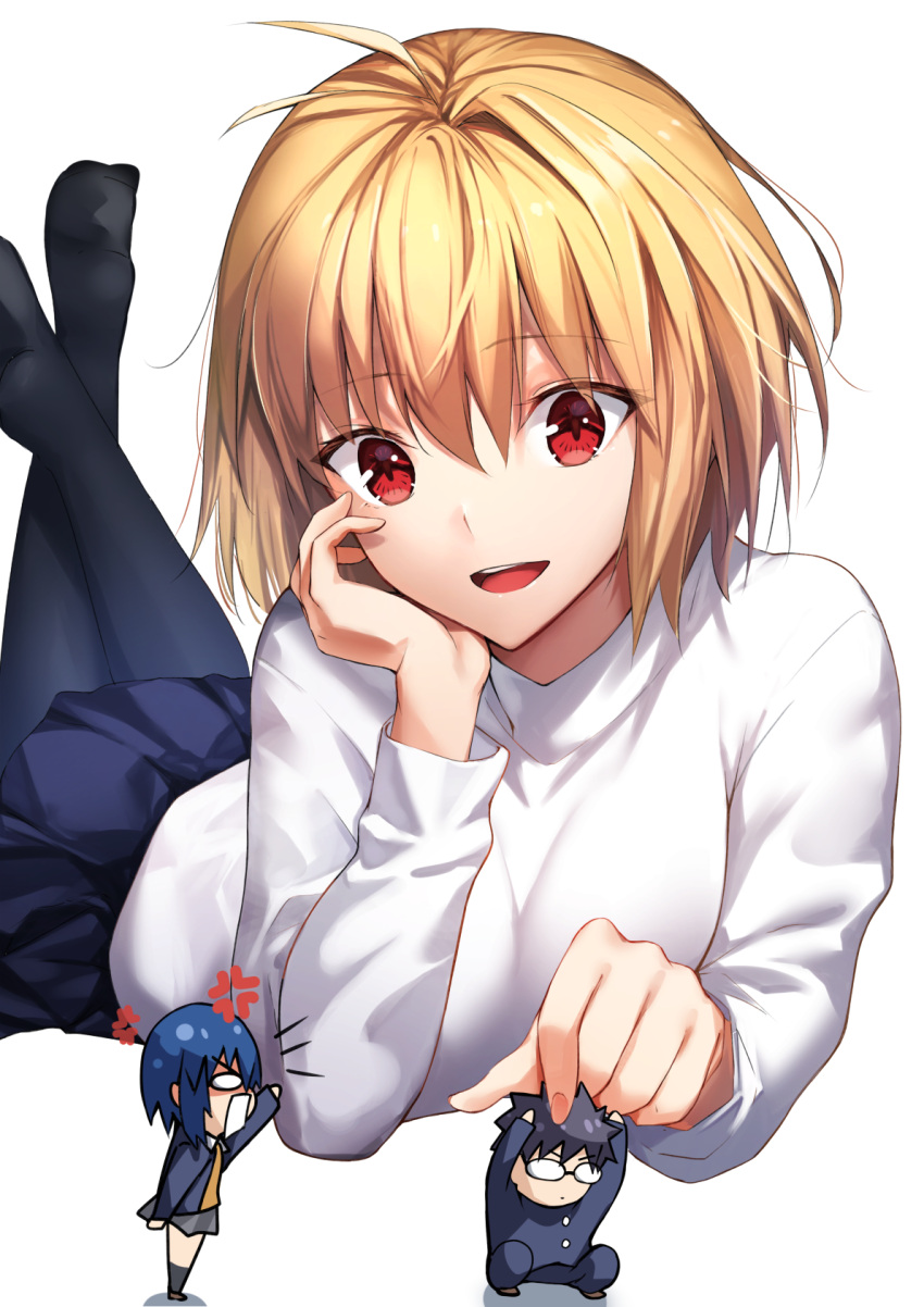 1boy 2girls ahoge anger_vein angry arcueid_brunestud bangs black_hair black_legwear blonde_hair blue_hair blue_jacket blue_pants blue_skirt buttons chibi ciel_(tsukihime) closed_mouth commentary_request crossed_legs eyebrows_visible_through_hair fingernails glasses grey_skirt hair_between_eyes hair_intakes hand_on_another's_head hand_on_own_chin herigaru_(fvgyvr000) highres jacket long_sleeves lying miniboy minigirl miniskirt multiple_girls nail_polish open_clothes open_jacket open_mouth pants pantyhose pink_nails pleated_skirt red_eyes school_uniform short_hair sidelocks simple_background sitting size_difference skirt smile sweater tohno_shiki tsukihime tsukihime_(remake) turtleneck turtleneck_sweater uniform upper_teeth vampire vest white_background white_sweater yellow_vest