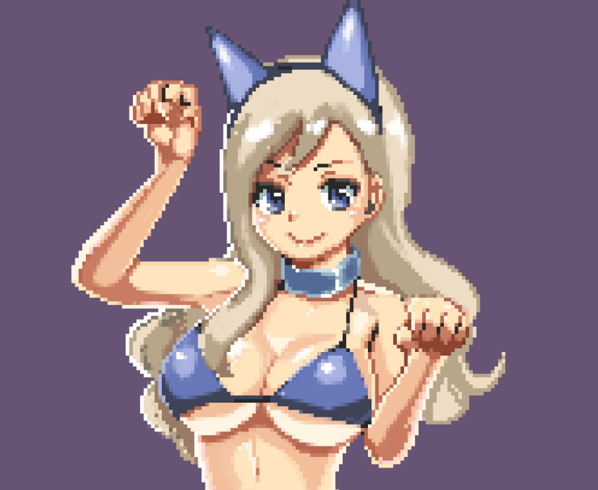 1girl animal_ears bikini blonde_hair blue_eyes breasts cat_ears collar eden's_zero fake_animal_ears large_breasts long_hair looking_at_viewer mashima_hiro paw_pose pixel_art purple_background rebecca_bluegarden simple_background smile solo swimsuit upper_body