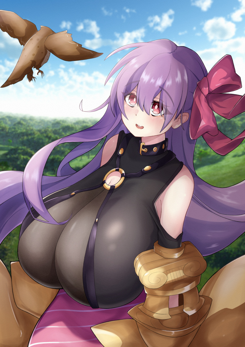1girl bird blue_sky breasts claw_(weapon) claws clouds collar day fate/extra fate/extra_ccc fate/grand_order fate_(series) gigantic_breasts hair_ribbon highres huge_breasts long_hair o-ring o-ring_top outdoors passionlip_(fate) pink_ribbon purple_hair ribbon sky smile solo tree weapon yuyunatsuki