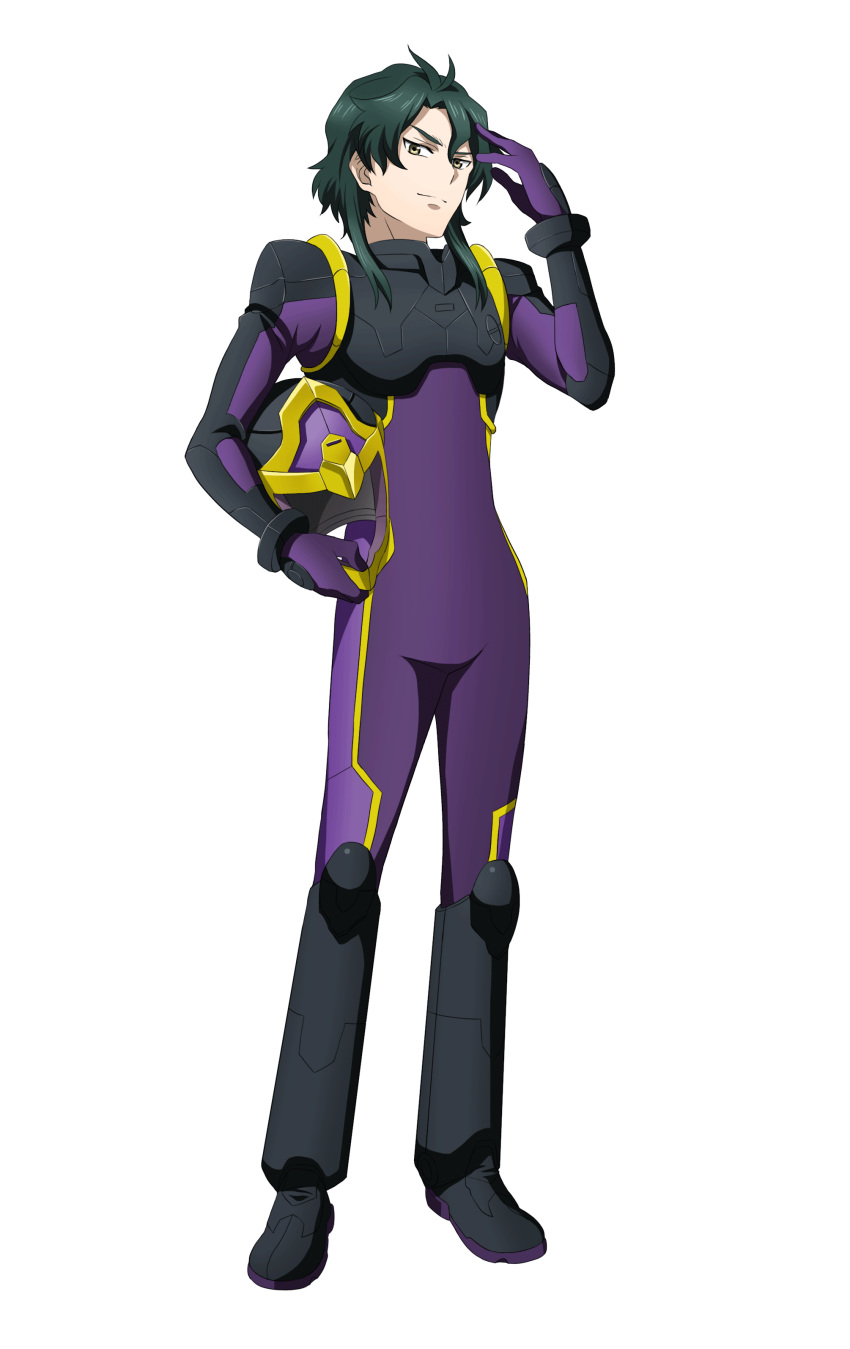 1boy absurdres alfried_gallant black_hair buddy_complex buddy_complex:_coupling_in_battlefield hand_in_hair head_tilt headwear_removed helmet helmet_removed highres holding holding_helmet looking_at_viewer male_focus official_art pilot_suit smile solo standing transparent_background yellow_eyes