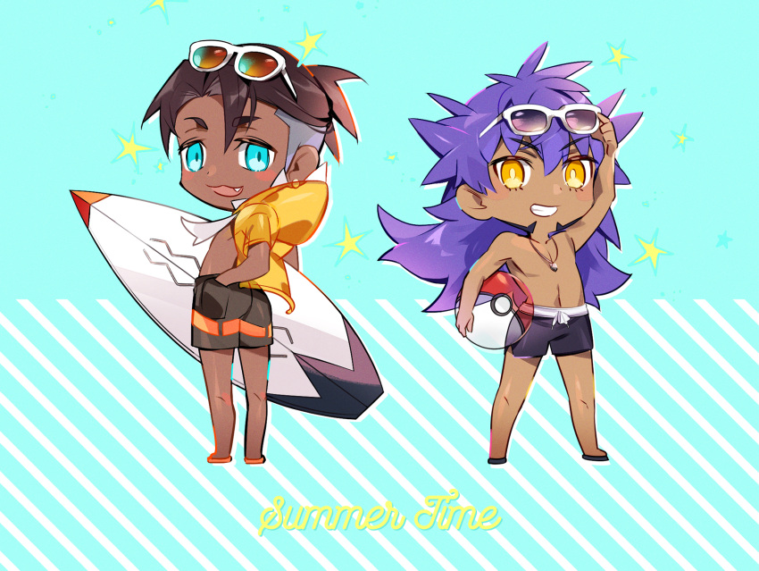 2boys akeno06 alternate_costume arm_up ball bangs beachball blush blush_stickers brown_hair commentary_request dark-skinned_male dark_skin earrings eyewear_on_head facial_hair fang grin hand_in_pocket highres holding holding_ball holding_surfboard jacket jewelry knees leon_(pokemon) long_hair looking_at_viewer male_focus male_swimwear multiple_boys necklace open_clothes open_jacket open_mouth pokemon pokemon_(game) pokemon_swsh purple_hair raihan_(pokemon) shirtless short_hair smile standing star_(symbol) summer sunglasses surfboard swim_trunks teeth undercut yellow_eyes yellow_jacket