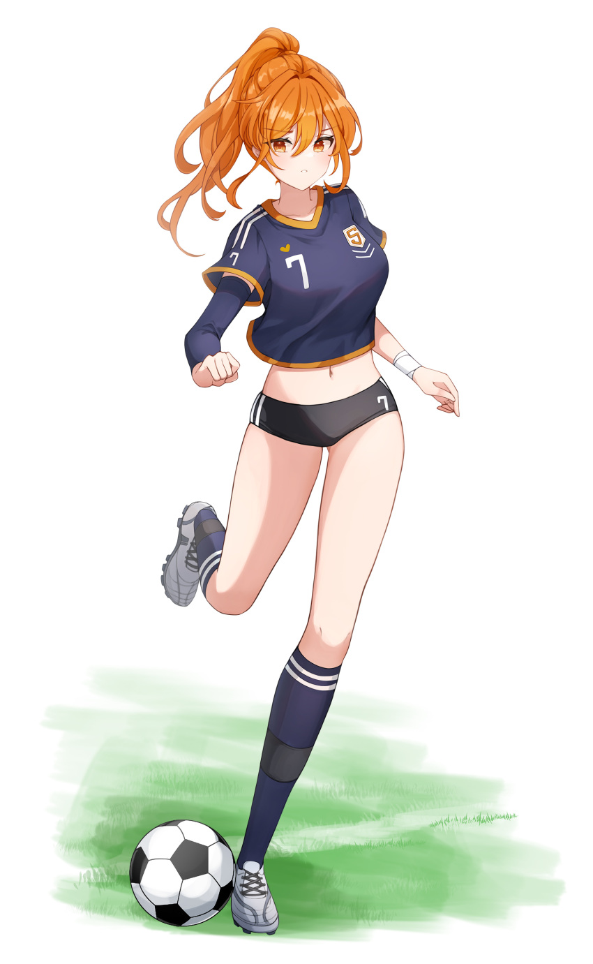 1girl absurdres arm_warmers ball black_buruma black_legwear black_shirt breasts buruma crop_top gya_(144) highres kneehighs leg_up long_hair looking_at_viewer medium_breasts midriff navel orange_eyes orange_hair original parted_lips ponytail shirt shoes short_sleeves sneakers soccer soccer_ball solo sweatband thighs white_footwear