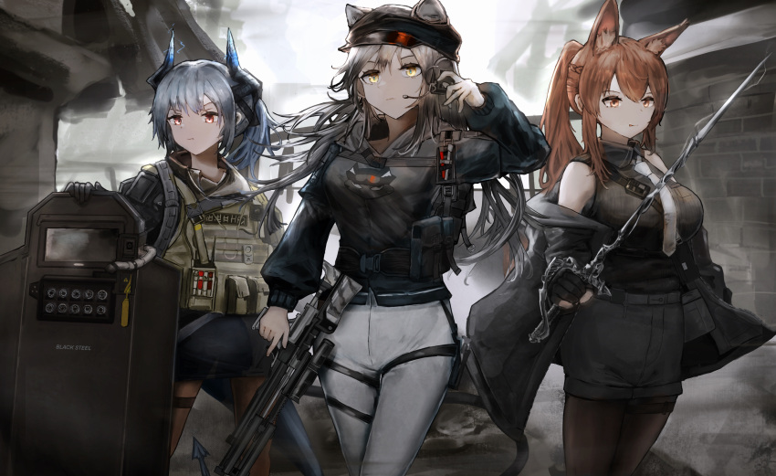 3girls absurdres animal_ears arknights black_gloves black_jacket black_legwear black_shirt breasts brown_hair cowboy_shot dragon_horns extra_ears fingerless_gloves fox_ears fox_girl fox_tail franka_(arknights) gloves grey_hair gun hachiko_(0088) headset highres holding holding_gun holding_shield holding_sword holding_weapon horns jacket large_breasts liskarm_(arknights) liskarm_(overload)_(arknights) looking_at_viewer looking_to_the_side multiple_girls necktie off_shoulder official_alternate_costume open_clothes open_jacket orange_eyes outdoors pantyhose ponytail rapier red_eyes schwarz_(arknights) schwarz_(skyline)_(arknights) shield shirt standing sword tactical_clothes tail tongue tongue_out vest weapon white_legwear white_neckwear yellow_eyes