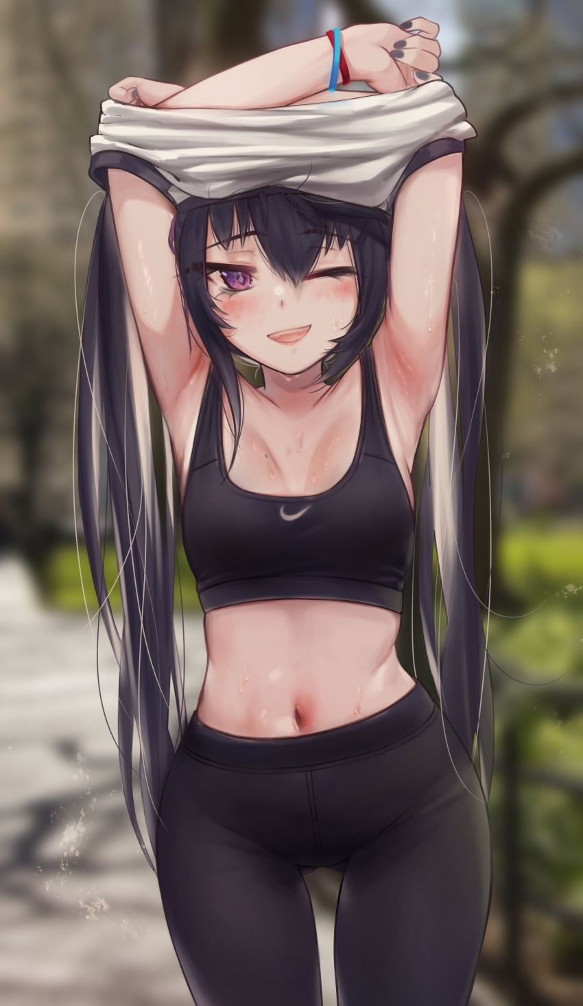 1girl ;d absurdres armpits arms_up bangs black_hair black_nails black_pants blurry blurry_background blush bracelet breasts commentary_request depth_of_field eyebrows_visible_through_hair hair_between_eyes highres jewelry long_hair looking_at_viewer medium_breasts nail_polish navel nike one_eye_closed open_mouth original pants priite_hari_(torriet) revision shirt smile solo sports_bra stomach sweat torriet twintails undressing very_long_hair violet_eyes white_shirt