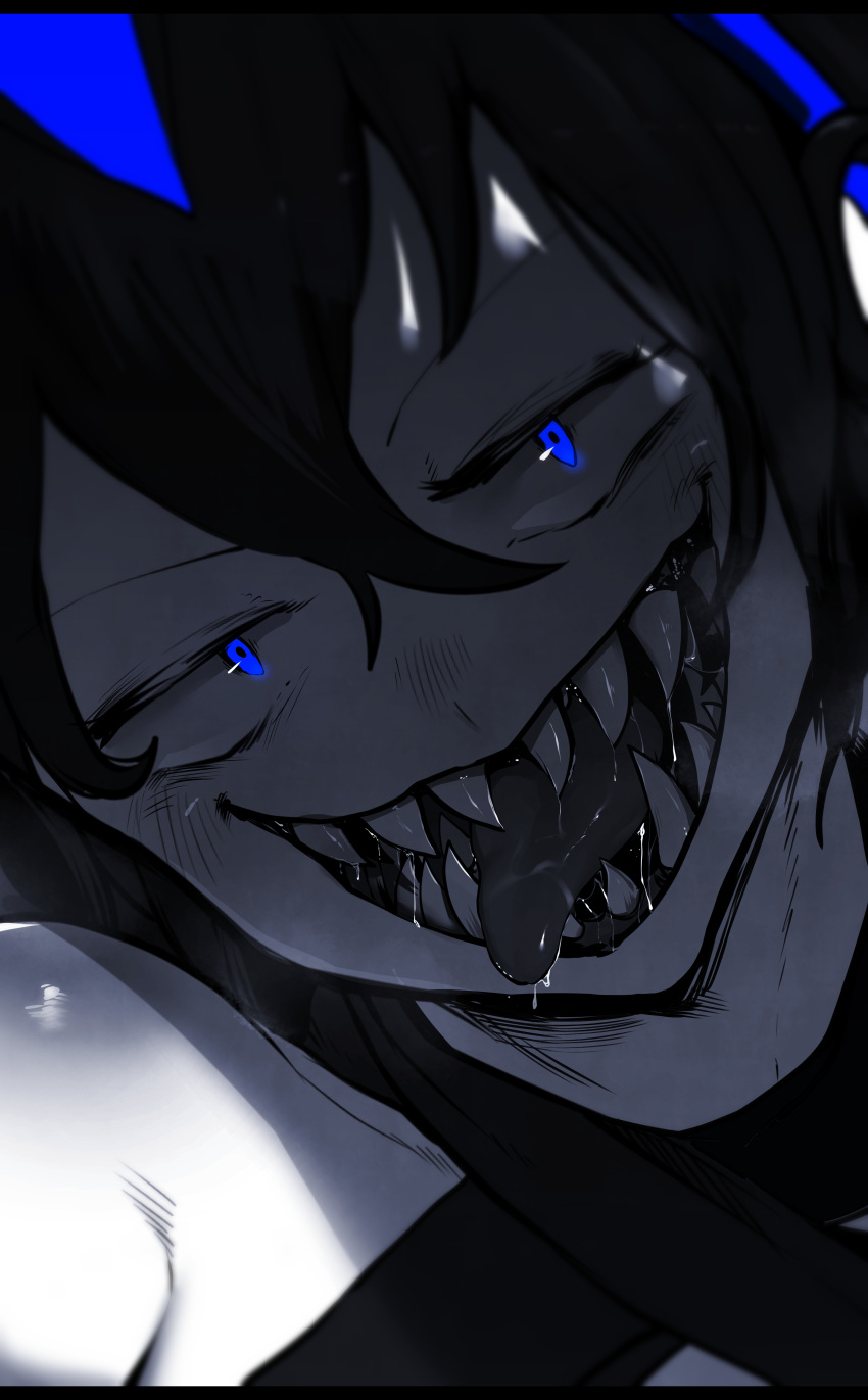 1girl absurdres bangs blue_eyes blue_theme blush crossed_bangs eye_focus grin hair_between_eyes highres horror_(theme) looking_at_viewer niwarhythm open_mouth original saliva sameko_(niwarhythm) sanpaku shark_girl sharp_teeth smile solo spot_color teeth tongue tongue_out