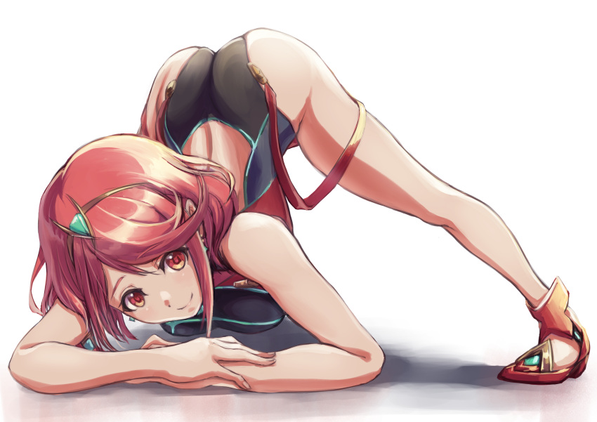 1girl absurdres arm_rest bangs black_leotard closed_mouth hands_on_ground highleg highleg_leotard highres ikastak jack-o'_challenge leotard looking_at_viewer monolith_soft nintendo one-piece_swimsuit pyra_(xenoblade) red_eyes redhead short_hair simple_background smile solo swept_bangs swimsuit tiara top-down_bottom-up white_background wide_spread_legs xenoblade_chronicles_(series) xenoblade_chronicles_2
