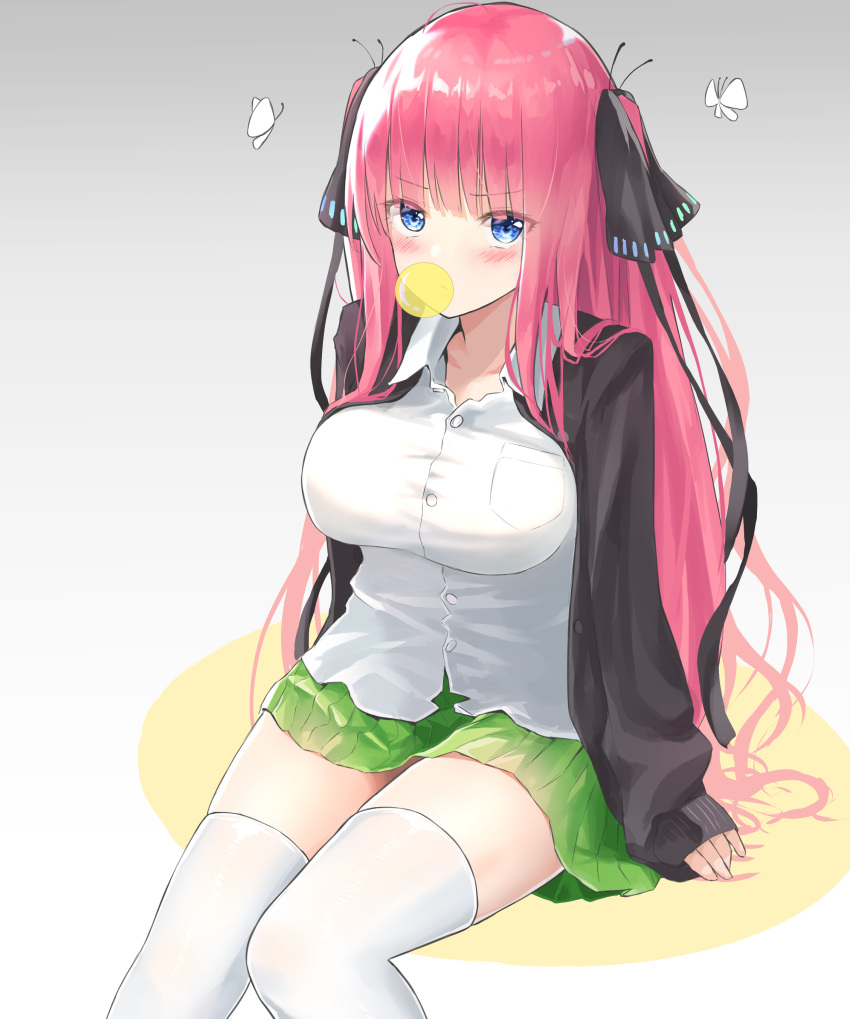 1girl absurdres bangs black_cardigan black_ribbon blue_eyes blunt_bangs blush breasts bubble_blowing bug butterfly butterfly_hair_ornament cardigan chewing_gum clip_studio_paint_(medium) collarbone go-toubun_no_hanayome green_skirt hair_ornament highres hime_cut knees_together_feet_apart large_breasts long_hair looking_at_viewer nakano_nino open_cardigan open_clothes partially_unbuttoned pink_hair purumi ribbon simple_background sitting skirt sleeves_past_wrists thick_thighs thigh-highs thighs twintails v-shaped_eyebrows white_legwear zettai_ryouiki