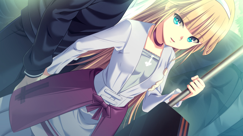 1girl :d azumami_kureha bangs blonde_hair blue_eyes blunt_bangs breast_grab breasts choker eyebrows_visible_through_hair game_cg grabbing grabbing_from_behind grey_shirt grey_skirt hairband highres kyokugen_chikan_tokuiten_2 long_hair long_skirt m&amp;m molestation official_art open_mouth pleated_skirt purple_choker shiny shiny_hair shirt skirt small_breasts smile solo_focus standing train_interior very_long_hair white_hairband