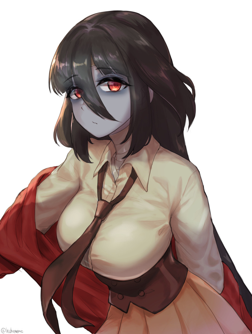 1girl artist_name bandages bangs black_hair blue_skin breasts chamame closed_mouth collared_shirt colored_skin hair_between_eyes highres jacket jacket_partially_removed large_breasts long_hair looking_at_viewer necktie pleated_skirt red_eyes red_jacket shirt simple_background skirt solo twitter_username very_long_hair white_background white_shirt yamada_tae zombie zombie_land_saga