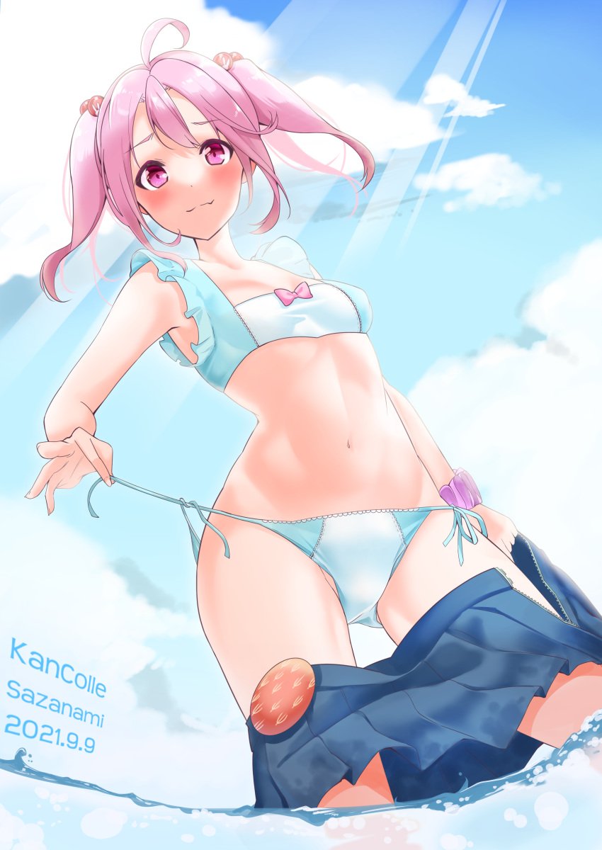 1girl absurdres badge bikini blue_bikini blue_skirt blue_sky character_name clouds commentary_request contrapposto cowboy_shot dated day from_behind hair_bobbles hair_ornament highres kantai_collection light_rays logical outdoors pink_eyes pink_hair pleated_skirt sazanami_(kancolle) short_hair side-tie_bikini skirt skirt_removed sky soaking_feet solo standing sunbeam sunlight swimsuit twintails untied untied_bikini water