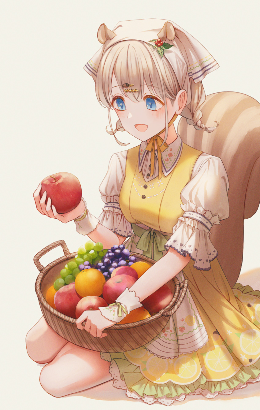 1girl :d animal_ears apple apron basket blue_eyes braid brown_hair collared_shirt dress dress_shirt food frilled_dress frills fruit grapes grey_background hair_ornament hairclip highres holding holding_food holding_fruit idolmaster idolmaster_shiny_colors kemonomimi_mode lium looking_away open_mouth pleated_dress puffy_short_sleeves puffy_sleeves red_apple serizawa_asahi shirt short_sleeves sleeveless sleeveless_dress smile solo squirrel_ears squirrel_girl squirrel_tail tail twin_braids waist_apron white_apron white_shirt wrist_cuffs yellow_dress