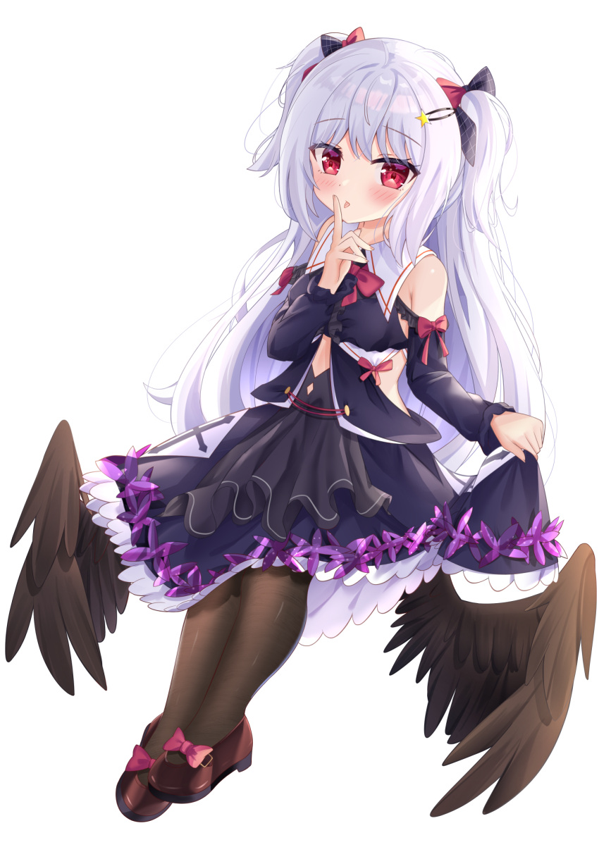 1girl bangs bare_shoulders black_bow black_shirt black_skirt black_wings blush bow brown_footwear brown_legwear closed_mouth commentary_request eyebrows_visible_through_hair feathered_wings full_body hair_bow hair_ornament hairclip highres hiyada_yuu long_hair long_sleeves looking_at_viewer low_wings original pantyhose pink_bow red_bow red_eyes shirt shoes silver_hair simple_background skirt sleeves_past_wrists solo star_(symbol) star_hair_ornament tongue tongue_out two_side_up very_long_hair white_background wings