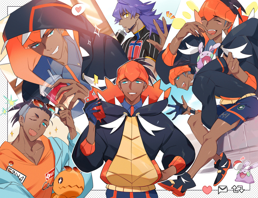 2boys :d akeno06 black_footwear black_hair black_hoodie blush_stickers champion_uniform closed_eyes collared_shirt commentary_request cup dark-skinned_male dark_skin disposable_cup drinking_straw dynamax_band earrings facial_hair gen_3_pokemon gen_4_pokemon gen_6_pokemon gloves goomy hand_in_pocket hand_up heart highres holding holding_cup holding_phone hood hood_up hoodie jewelry leon_(pokemon) long_hair male_focus multiple_boys notice_lines open_mouth orange_headwear partially_fingerless_gloves phone poke_ball pokemon pokemon_(creature) pokemon_(game) pokemon_swsh purple_hair raihan_(pokemon) rotom rotom_phone shield_print shirt shoes short_hair short_sleeves shorts side_slit side_slit_shorts single_glove smile sparkle sunglasses sword_print tongue trapinch undercut upper_teeth yellow_eyes