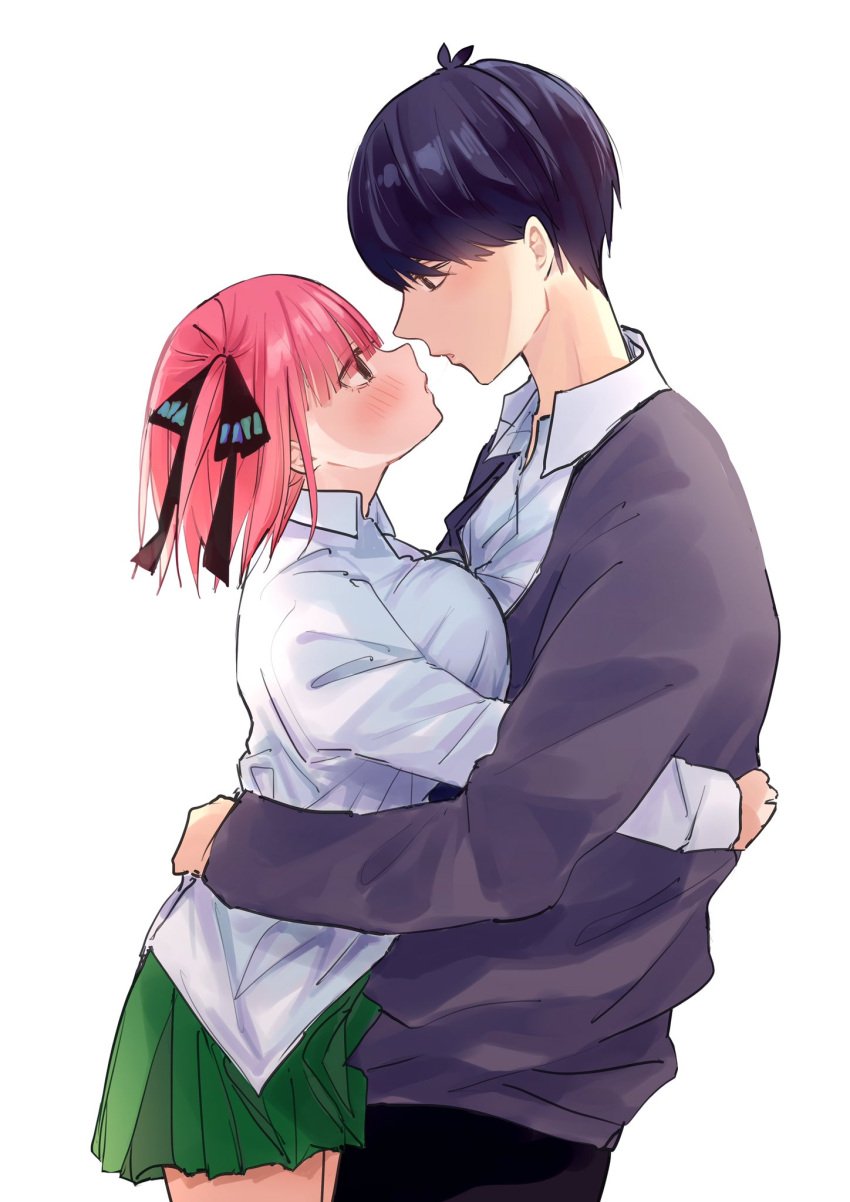 1boy 1girl arms_around_back black_hair black_pants blue_eyes blue_nails blush breasts butterfly_hair_ornament collared_shirt eye_contact go-toubun_no_hanayome green_skirt grey_sweater hair_ornament hair_ribbon height_difference hetero highres hug large_breasts long_sleeves looking_at_another memidesuyo miniskirt nakano_nino pants pink_hair pleated_skirt profile ribbon shirt short_hair simple_background skirt standing sweater uesugi_fuutarou white_background white_shirt