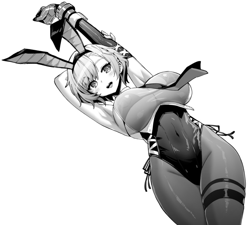 1girl animal_ears arm_behind_back arm_up asymmetrical_gloves azur_lane blush breasts elbow_gloves eyebrows_visible_through_hair fake_animal_ears gloves greyscale highleg highleg_leotard highres hori_(hori_no_su) large_breasts leotard monochrome open_mouth pantyhose playboy_bunny rabbit_ears reno_(azur_lane) reno_(reno_bunnino)_(azur_lane) simple_background solo white_background