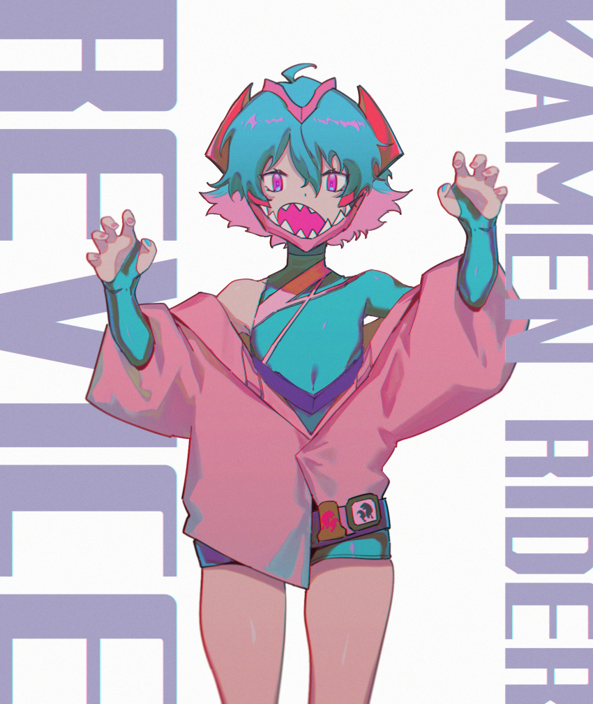 1girl absurdres belt blue_hair genderswap genderswap_(mtf) gradient_hair highres kamen_rider kamen_rider_revi kamen_rider_revice multicolored_hair nail_polish off_shoulder pink_eyes rider-tan sharp_teeth simple_background sixbane solo teeth upper_teeth vistamp