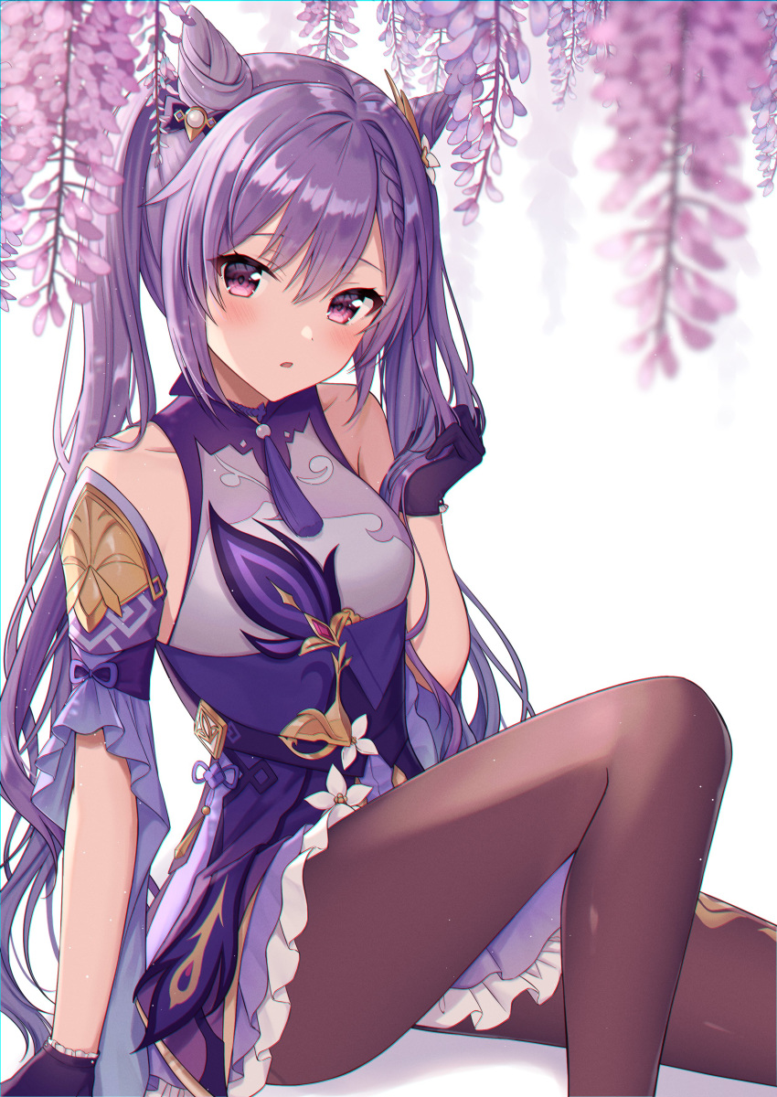 1girl absurdres bangs bare_shoulders breasts brown_legwear brush detached_sleeves dress flower genshin_impact gloves hair_cones hair_ornament highres jewelry keqing_(genshin_impact) long_hair looking_at_viewer mochiko_(uyu_omochi) necklace open_mouth pantyhose purple_dress purple_hair solo swept_bangs twintails violet_eyes white_background wide_sleeves wisteria