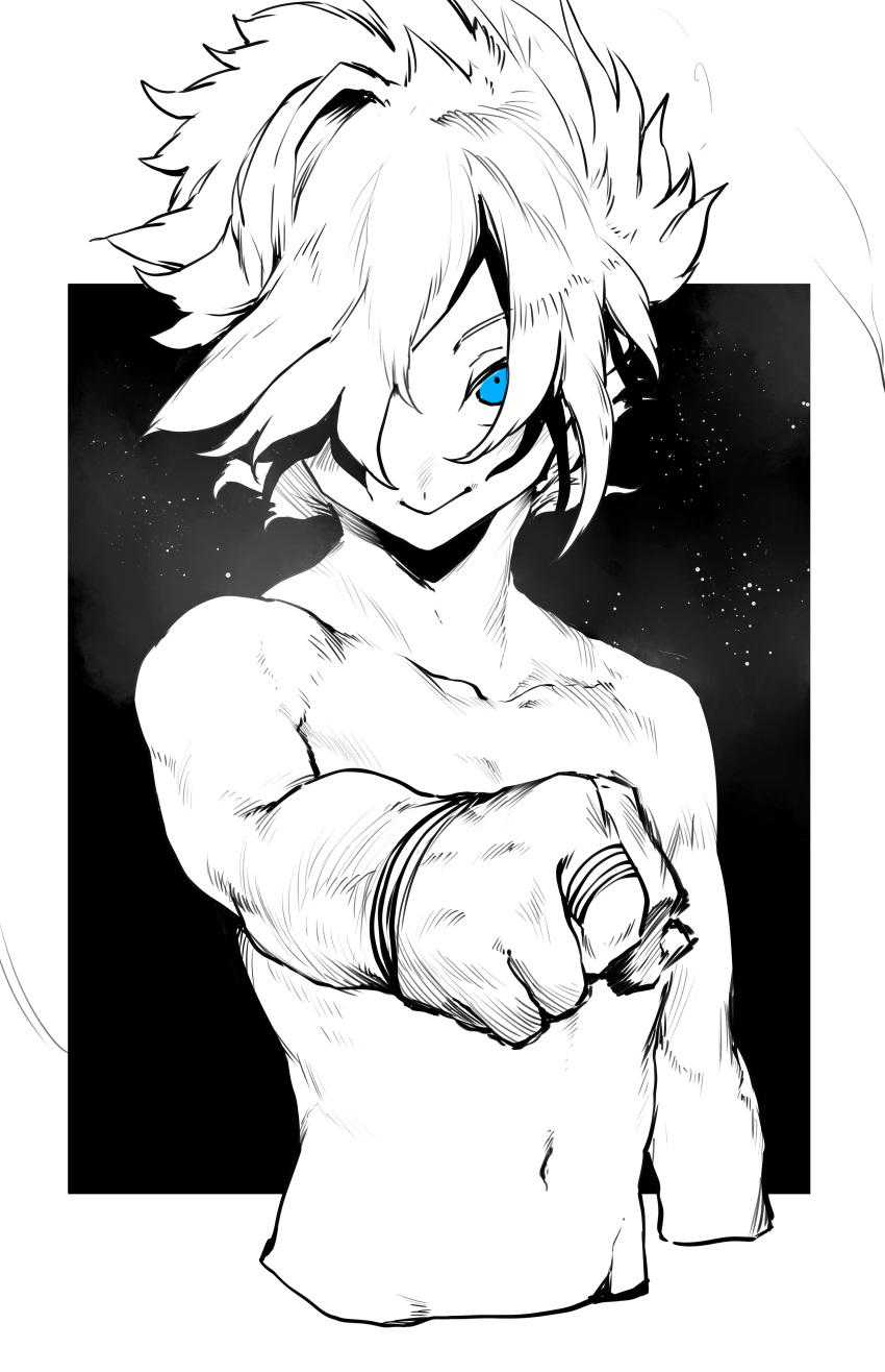 1boy absurdres bandaged_hands bandages blue_eyes clenched_hand closed_mouth cropped_torso euros_(niwarhythm) eye_focus hair_over_one_eye highres looking_at_viewer male_focus navel niwarhythm one_eye_covered original shirtless short_hair smile solo spot_color upper_body