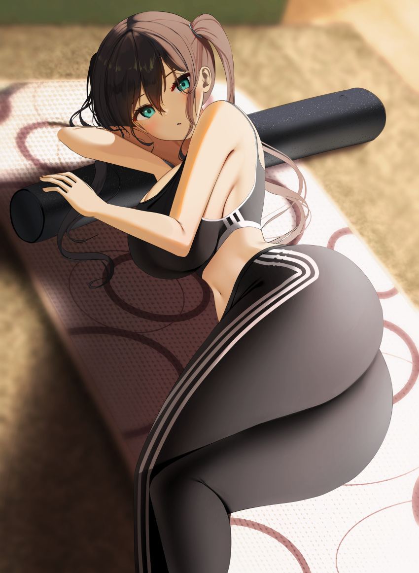 1girl absurdres arm_rest ass bangs black_hair black_pants black_sports_bra blush borrowed_character breasts cushion green_eyes head_rest highres large_breasts long_hair looking_at_viewer lying mat midriff mole mole_under_eye navel nicorima on_side original pants parted_lips solo sports_bra twintails yoga_pants