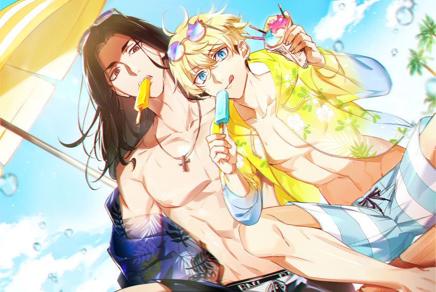 2boys :q akeno06 baji_keisuke bangs black_eyes black_hair black_shorts blonde_hair blue_eyes blue_shirt blue_shorts blue_sky cowboy_shot crepe cross day earrings eyewear_on_head food hair_between_eyes highres holding holding_food jacket jewelry long_hair looking_at_viewer male_focus matsuno_chifuyu mouth_hold multiple_boys necklace off_shoulder open_clothes open_jacket outdoors popsicle shirt short_hair shorts single_earring sitting sky sunglasses tokyo_revengers toned toned_male tongue tongue_out tsurime umbrella undercut water_drop yellow_jacket
