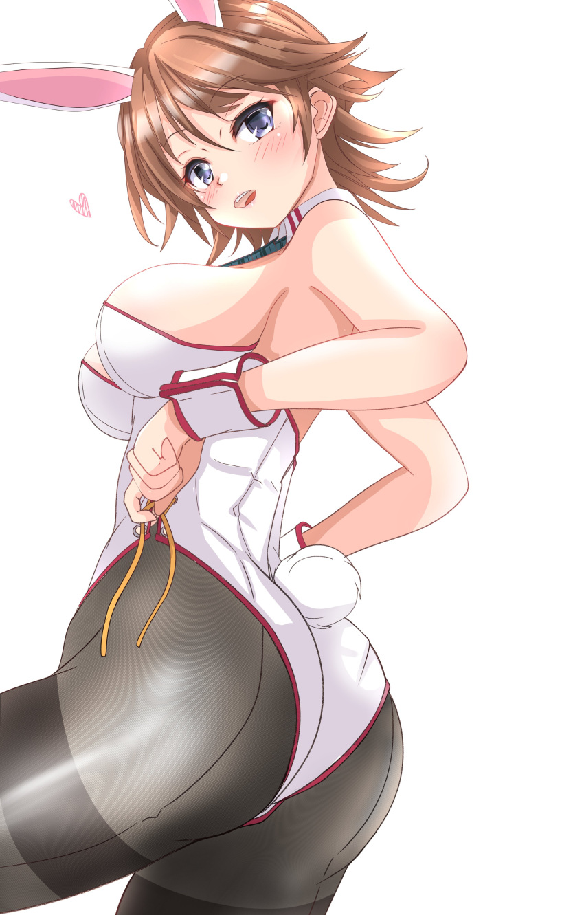 1girl absurdres animal_ears ass black_legwear black_neckwear brown_hair commentary_request cowboy_shot detached_collar flipped_hair hiei_(kancolle) highres kantai_collection leotard looking_at_viewer neckerchief nitamako_(sakamalh) open_mouth pantyhose playboy_bunny rabbit_ears rabbit_tail short_hair simple_background solo tail thighband_pantyhose violet_eyes white_background white_leotard wrist_cuffs