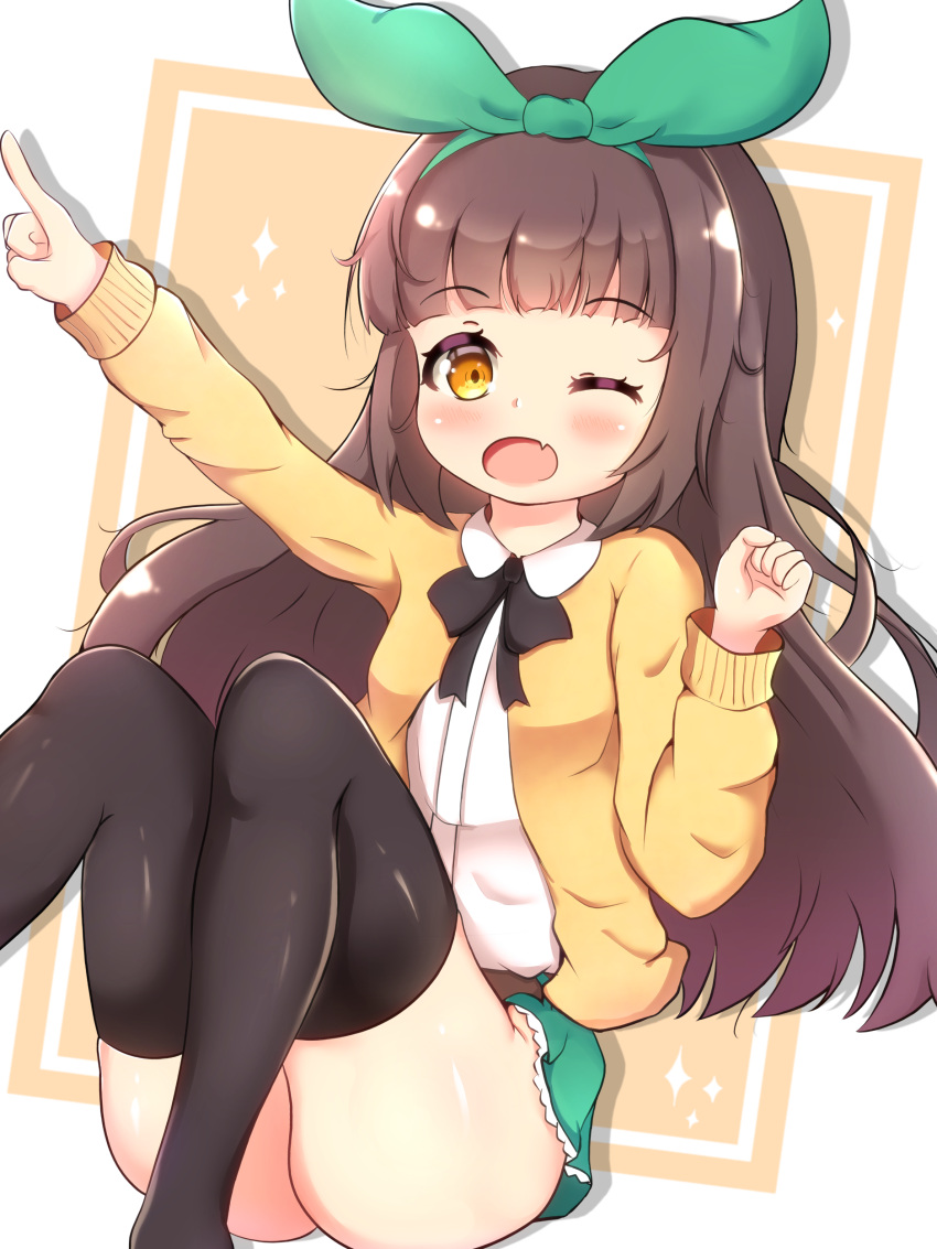 1girl ;d absurdres arm_up ass bangs black_legwear blunt_bangs bow bowtie brown_eyes brown_hair clenched_hand commentary_request eyebrows_visible_through_hair green_skirt hairband highres indie_virtual_youtuber knees_together_feet_apart long_hair long_sleeves looking_at_viewer nanahira one_eye_closed open_mouth pleated_skirt pointing pointing_up shirt sidelocks simple_background sitting skirt smile solo sweater thigh-highs two-tone_background utaite_(singer) virtual_youtuber white_shirt zendamu