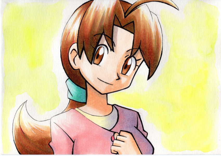 1girl bangs brown_eyes brown_hair buttons closed_mouth commentary_request delia_ketchum eyebrows_visible_through_hair eyelashes hand_up highres jacket long_hair oka_mochi parted_bangs pink_jacket pokemon pokemon_(anime) ponytail shirt smile solo tied_hair traditional_media upper_body yellow_background yellow_shirt
