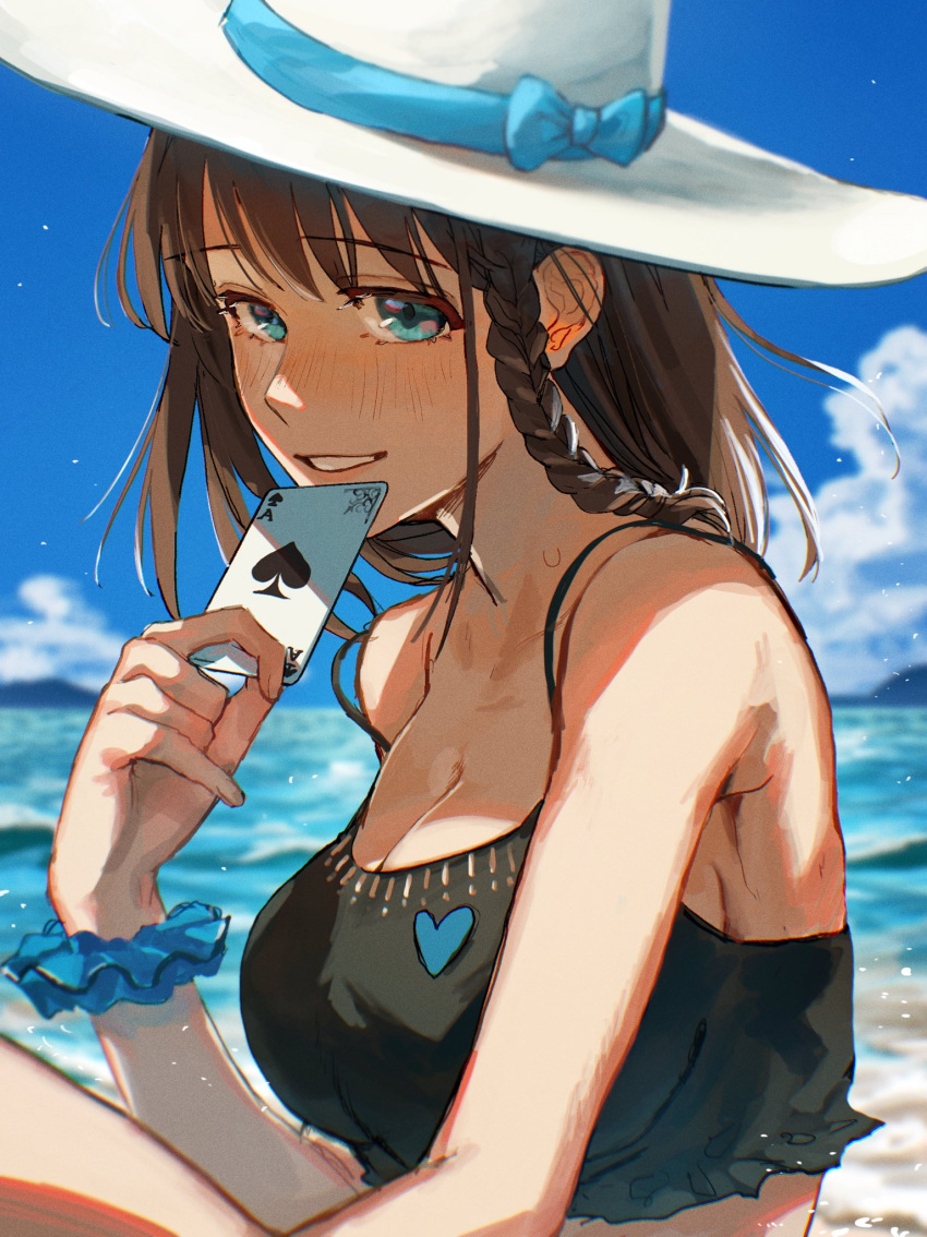 1girl beach bikini bikini_top blue_eyes braid breasts brown_hair card charlotte_corday_(fate) charlotte_corday_(swimsuit_caster)_(fate) fate/grand_order fate_(series) hat highres large_breasts nagashino_ekache playing_card scrunchie smile sun_hat swimsuit wrist_scrunchie