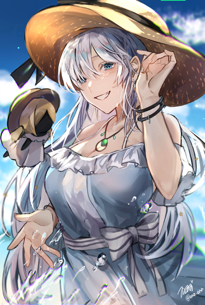 1girl absurdres anastasia_(fate) anastasia_(swimsuit_archer)_(fate) bangs bare_shoulders beach blue_eyes blue_sky blush bracelet breasts collarbone doll dress earrings fate/grand_order fate_(series) grin hair_over_one_eye hairband hat highres jewelry large_breasts long_hair looking_at_viewer necklace pendant silver_hair sky smile straw_hat very_long_hair viy_(fate) water white_dress zaza_(zazam_s)