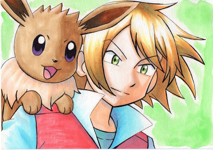 1boy bangs blonde_hair closed_mouth commentary_request eevee eyebrows_visible_through_hair floating_hair green_eyes highres jacket looking_down male_focus oka_mochi pokemon pokemon_(anime) pokemon_(creature) pokemon_bw_(anime) popped_collar red_jacket shirt upper_body virgil_(pokemon)