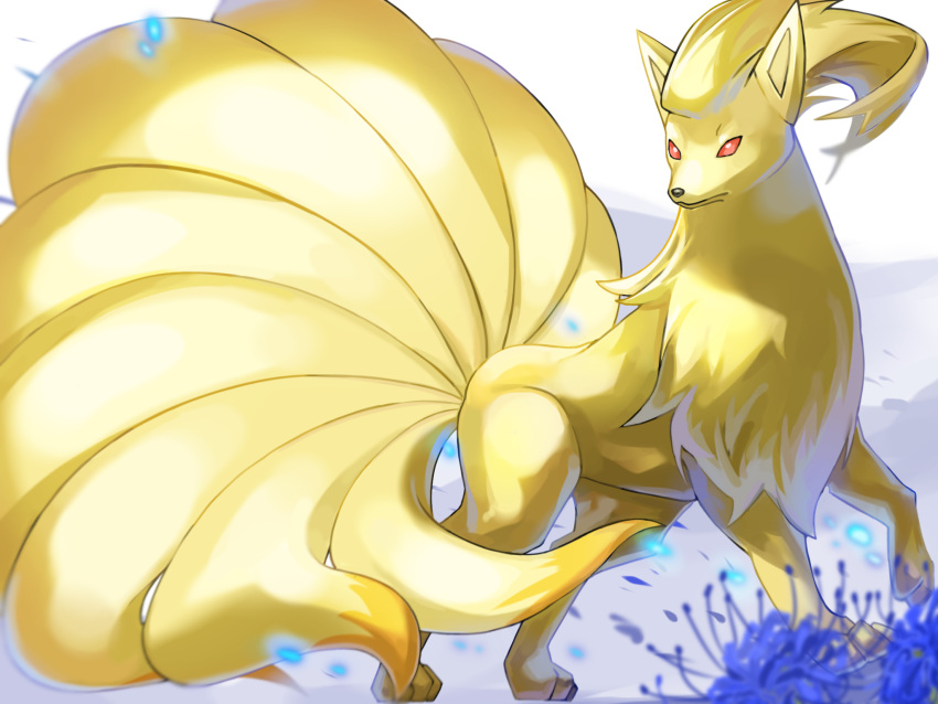 blurry closed_mouth commentary_request floating_hair highres looking_to_the_side mian_(3zandora) ninetales no_humans pokemon pokemon_(creature) red_eyes solo toes white_background
