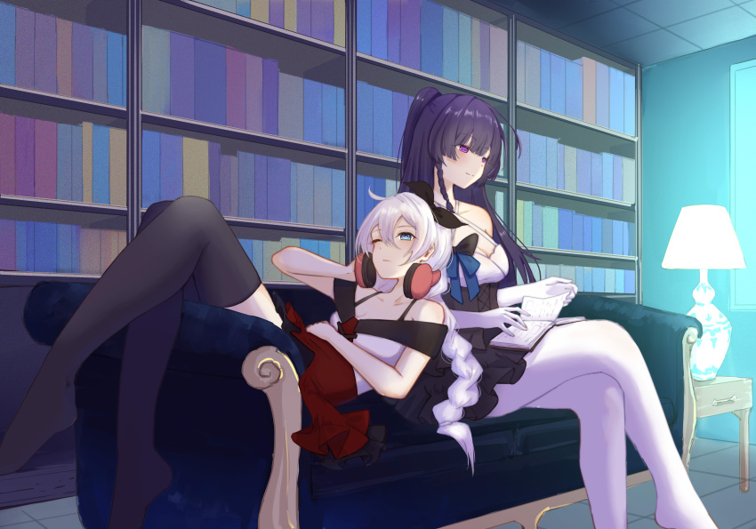 2girls absurdres antenna_hair bangs bare_shoulders black_legwear black_skirt blue_eyes book braid cabinet ceiling closed_mouth couch crossed_legs desk elbow_gloves floor gloves hair_between_eyes headband headphones headphones_around_neck highres holding holding_book honkai_(series) honkai_impact_3rd indoors kiana_kaslana lamp library long_hair lying lying_on_person multiple_girls no_shoes on_back one_eye_closed ponytail purple_hair raiden_mei reading red_skirt shirt sitting skirt table thigh-highs twin_braids violet_eyes white_gloves white_hair white_legwear white_shirt yichuanxue