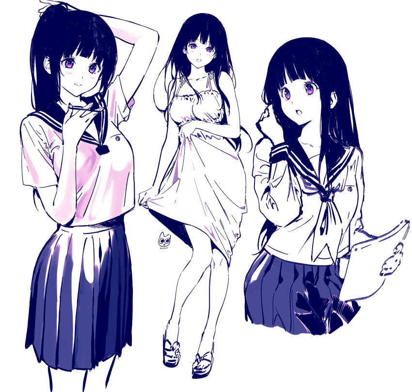 1girl :o artist_logo bangs black_hair breasts character_sheet chitanda_eru collarbone contrapposto cowboy_shot cropped_legs dress full_body hair_tie highres holding holding_paper hyouka kamiyama_high_school_uniform large_breasts long_hair long_sleeves mery_(yangmalgage) monochrome multiple_views paper pleated_skirt sailor_collar school_uniform serafuku sketch skirt smile spot_color violet_eyes