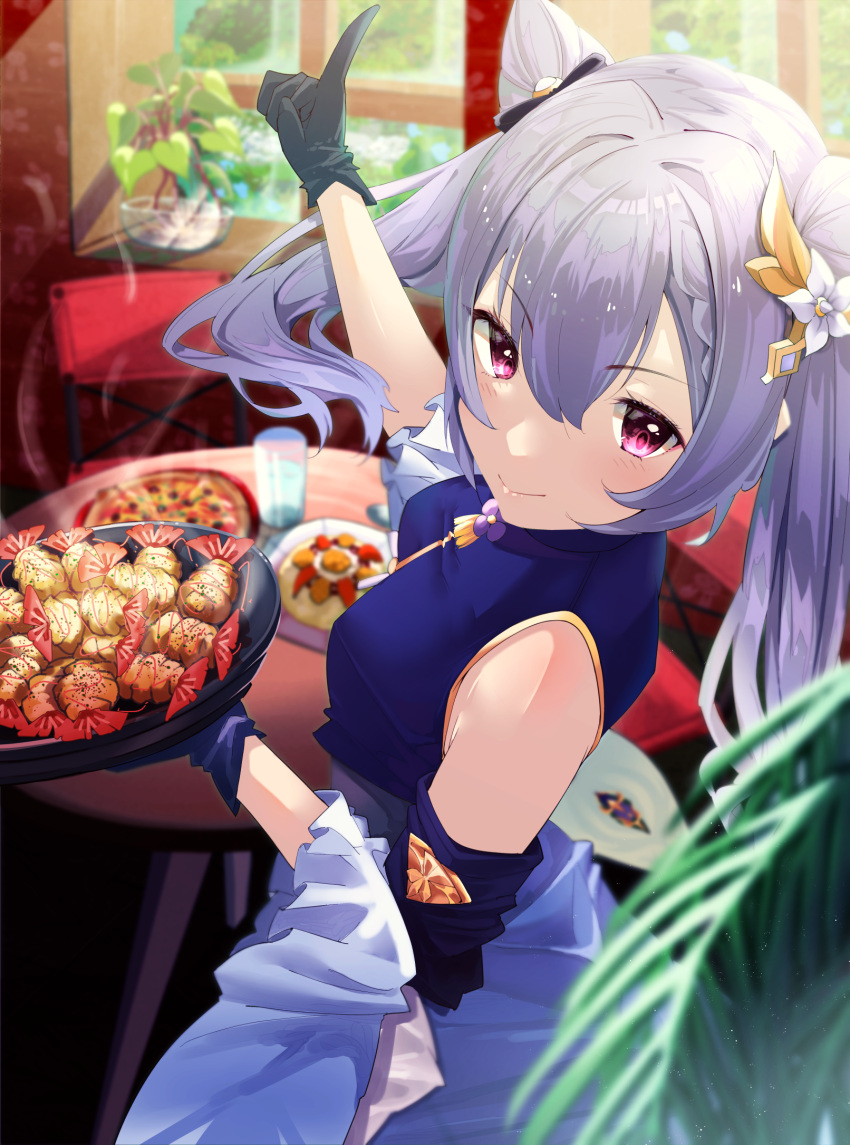 1girl alternate_costume black_gloves blush breasts chinese_clothes detached_sleeves double_bun food frilled_sleeves frills genshin_impact gloves hair_bun hair_ornament hairclip hand_up highres keqing_(genshin_impact) long_sleeves looking_at_viewer murata_ryou pizza plate pointing purple_hair shrimp sleeveless smile solo tablr twintails violet_eyes wide_sleeves window
