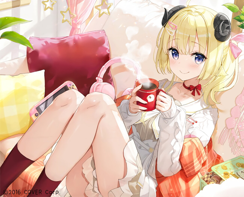 1girl ahoge animal_ears blonde_hair breasts collarbone controller couch cushion dress eyebrows_visible_through_hair fuumi_(radial_engine) game_controller gamepad hair_ornament hairclip headphones hololive horns jacket looking_at_viewer lying medium_breasts neck_ribbon official_art on_back red_legwear red_neckwear ribbon sheep_ears sheep_girl sheep_horns side_ponytail solo tsunomaki_watame violet_eyes virtual_youtuber watermark white_dress white_jacket