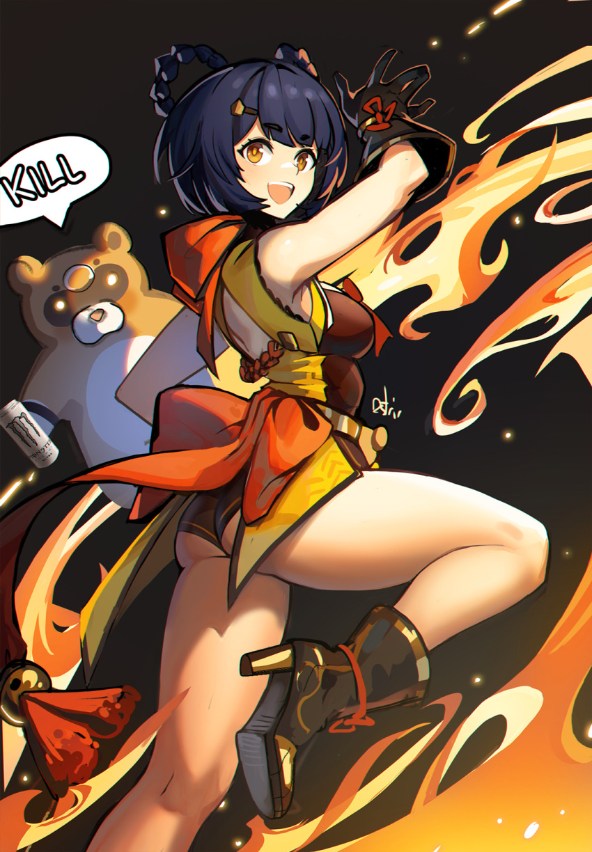 1girl ass bare_shoulders black_gloves blue_hair braid breasts can china_dress chinese_clothes distr dress fire full_body genshin_impact gloves guoba_(genshin_impact) hair_ornament hairclip high_heels highres monster_energy open_mouth short_hair short_shorts shorts sleeveless smile solo twin_braids xiangling_(genshin_impact) yellow_eyes