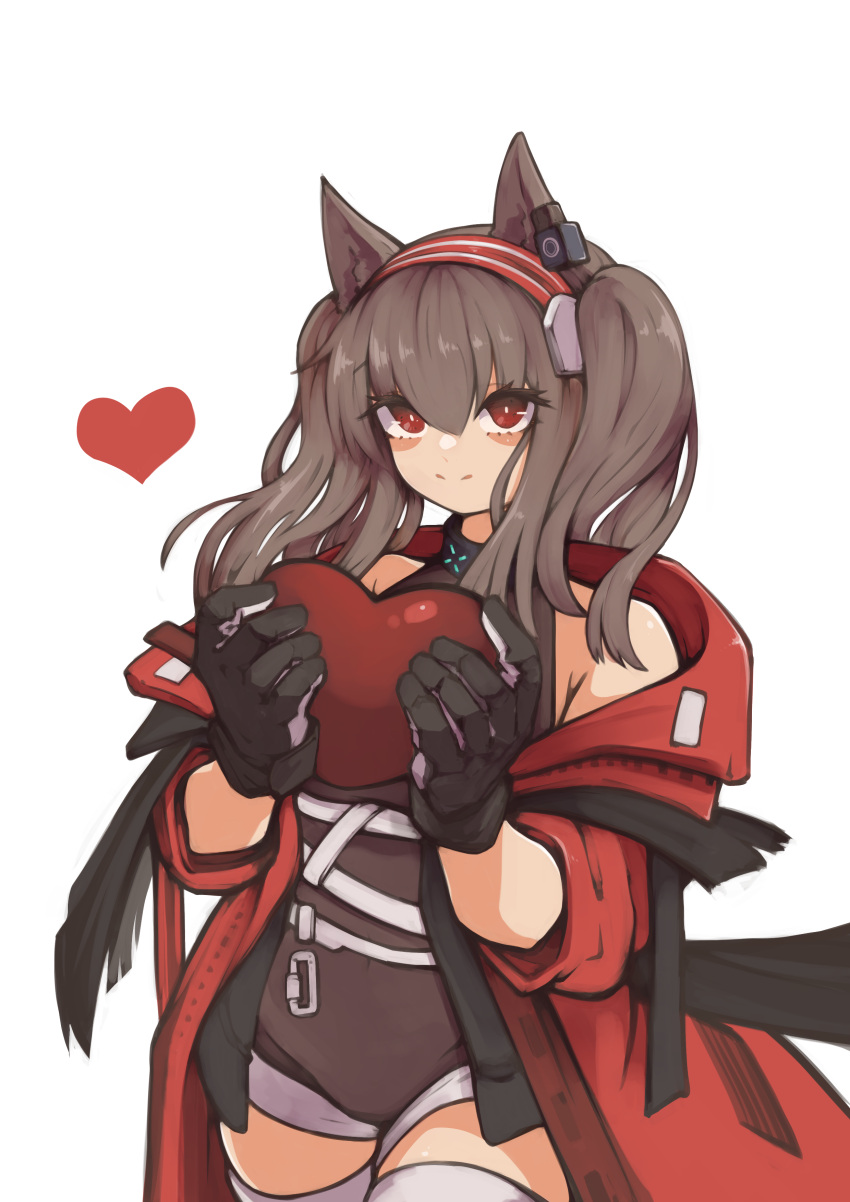 1girl absurdres angelina_(arknights) angelina_(distinguished_visitor)_(arknights) animal_ears arknights black_collar black_gloves black_leotard brown_hair coat collar commentary cowboy_shot earpiece fox_ears gloves hairband heart highres holding holding_heart if_f infection_monitor_(arknights) leotard long_hair looking_at_viewer official_alternate_costume open_clothes open_coat red_coat red_eyes red_hairband simple_background sleeveless smile solo split_mouth thigh-highs thighs twintails white_background zettai_ryouiki