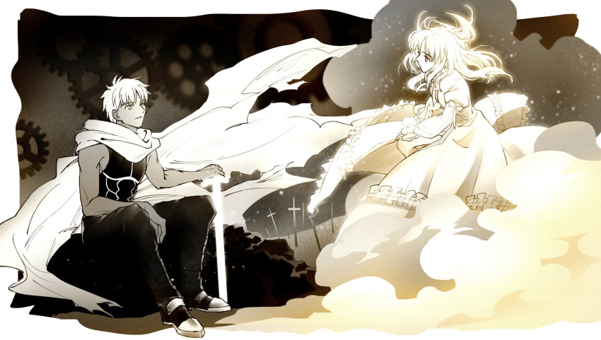 1boy 1girl antatika archer_(fate) artoria_pendragon_(fate) cloak dress fate/stay_night fate_(series) floating_hair highres long_dress looking_at_another monochrome planted planted_sword saber sitting smoke sword unlimited_blade_works_(fate) weapon wind