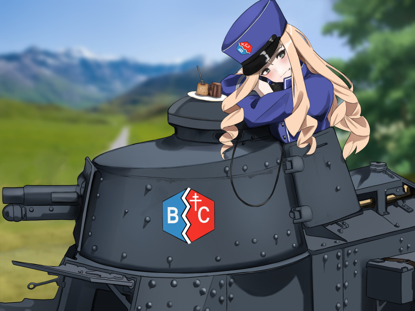 1girl absurdres bc_freedom_military_uniform blonde_hair cake drill_hair food food_on_face ft-17 girls_und_panzer green_eyes ground_vehicle highres long_hair looking_at_viewer marie_(girls_und_panzer) military military_vehicle motor_vehicle plate pz-15 solo tank