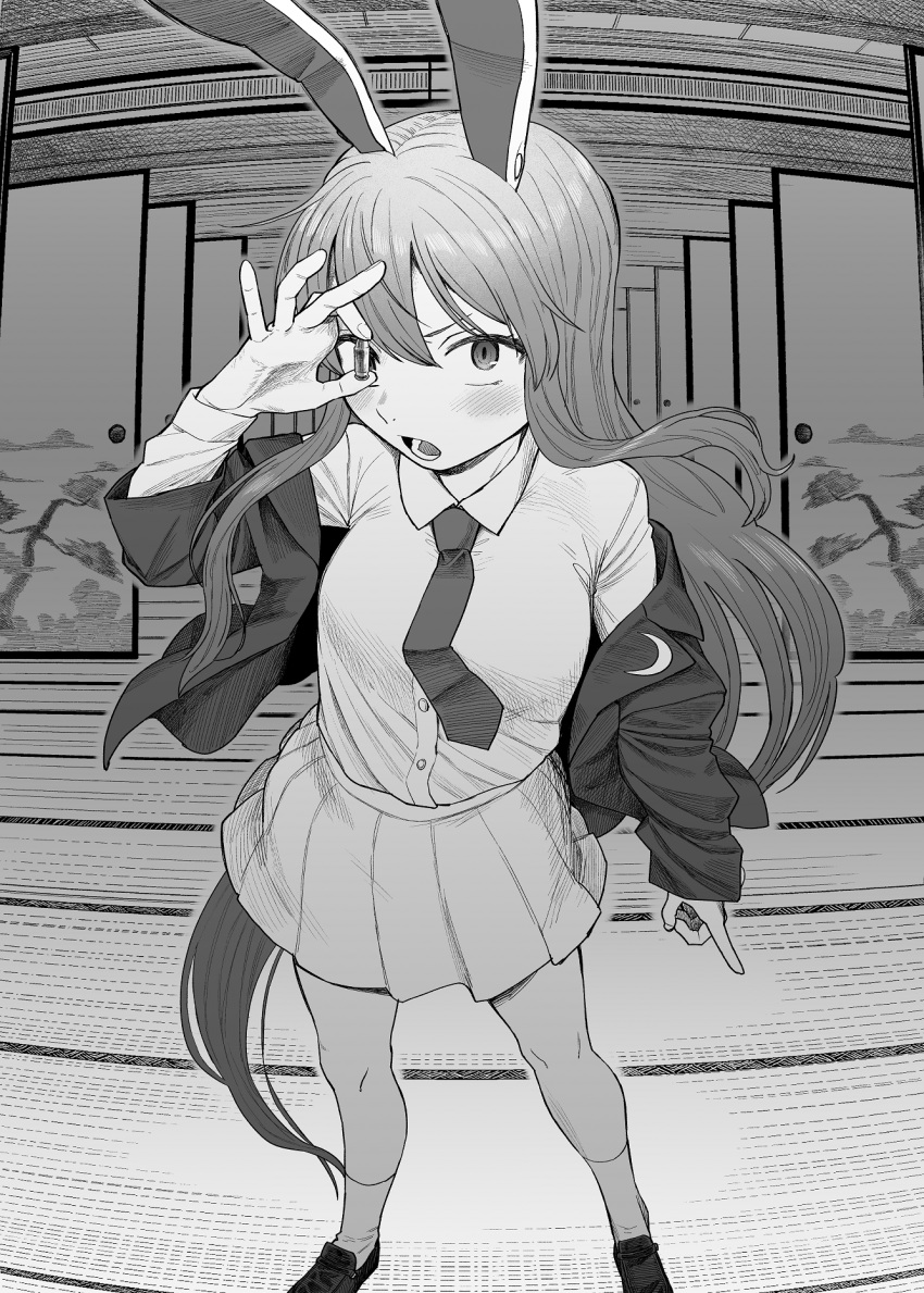 1girl animal_ears blazer blush breasts bullet crescent crescent_pin greyscale hair_between_eyes highres jacket knees koyama_shigeru large_breasts long_hair long_sleeves looking_at_viewer monochrome necktie open_mouth pleated_skirt rabbit_ears reisen_udongein_inaba shirt shoes shouji skirt sliding_doors socks solo standing tatami touhou white_shirt