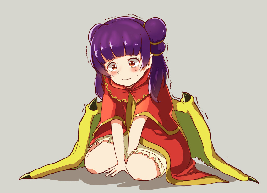 1girl absurdres bangs between_legs blunt_bangs blush child cloak closed_mouth commentary_request constricted_pupils crying crying_with_eyes_open dragon_girl dress embarrassed fire_emblem fire_emblem:_the_sacred_stones flat_chest frilled_dress frills full_body green_wings grey_background hair_tie hand_between_legs have_to_pee highres hirotaka_(hrtk990203) long_hair myrrh_(fire_emblem) orange_eyes purple_hair red_cloak shiny shiny_skin short_dress sidelocks simple_background sitting smile solo spikes tears tied_hair trembling twintails v_arms wavy_eyes wide-eyed wings yellow_dress yokozuwari