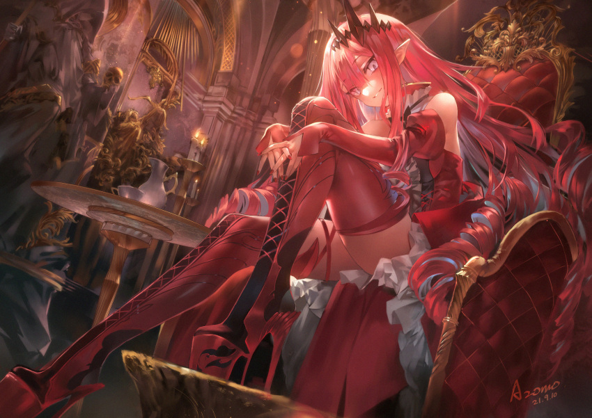 1girl azomo bangs bare_shoulders boots breasts center_frills detached_collar detached_sleeves dress earrings fairy_knight_tristan_(fate) fate/grand_order fate_(series) frills grey_eyes highres jewelry long_hair looking_at_viewer medium_breasts pink_hair pointy_ears red_dress red_footwear sidelocks thigh-highs thigh_boots thighs tiara