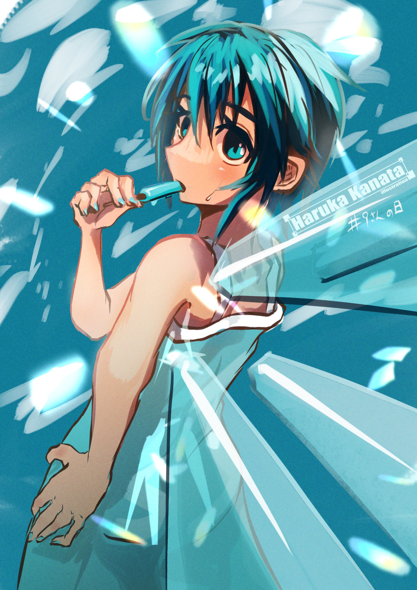 1girl absurdres artist_name bangs bare_shoulders blue_background blue_dress blue_eyes blue_hair blue_nails blush cirno commentary cowboy_shot dress eating food from_behind hair_between_eyes haruka_kanata_(togassi1) hashtag highres holding holding_food ice ice_wings looking_at_viewer looking_back nail_polish popsicle short_hair sidelocks sleeveless solo sundress sweatdrop touhou translated wings
