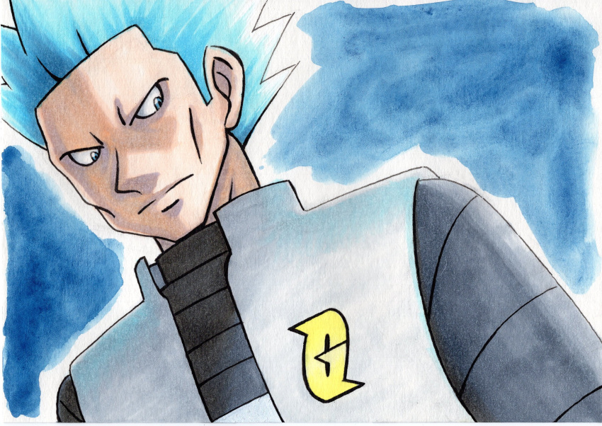 1boy black_shirt blue_background blue_eyes blue_hair closed_mouth commentary_request cyrus_(pokemon) frown grey_vest highres logo looking_down male_focus oka_mochi pokemon pokemon_(game) pokemon_dppt shirt short_hair solo spiky_hair team_galactic traditional_media upper_body vest