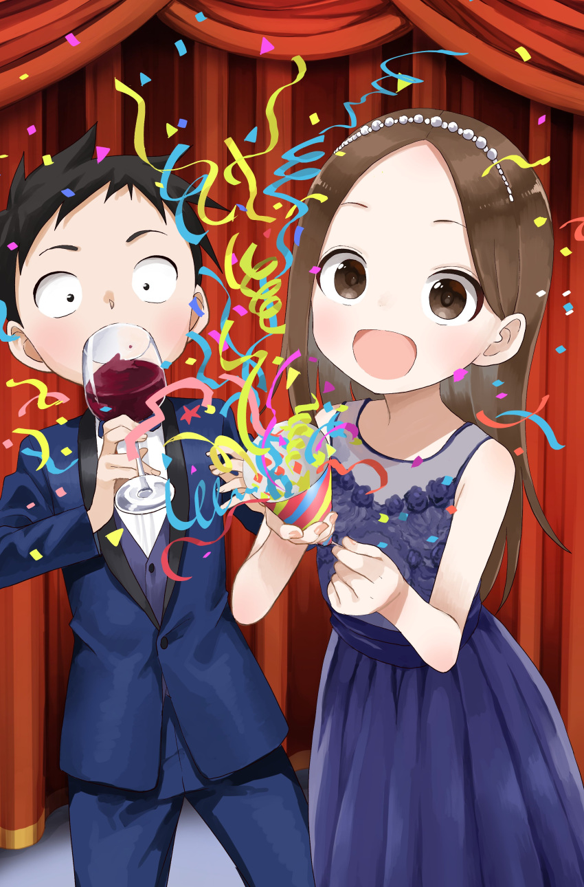 1boy 1girl :d absurdres bangs bare_arms bare_shoulders black_hair blue_dress blue_flower blue_jacket blue_pants blue_rose brown_eyes brown_hair commentary_request cup dress drinking_glass flower forehead formal highres holding holding_cup jacket karakai_jouzu_no_takagi-san long_hair nishikata official_art open_mouth pants parted_bangs party_popper purple_vest rose shirt sleeveless sleeveless_dress smile streamers suit takagi-san very_long_hair vest white_shirt wine_glass yamamoto_souichirou